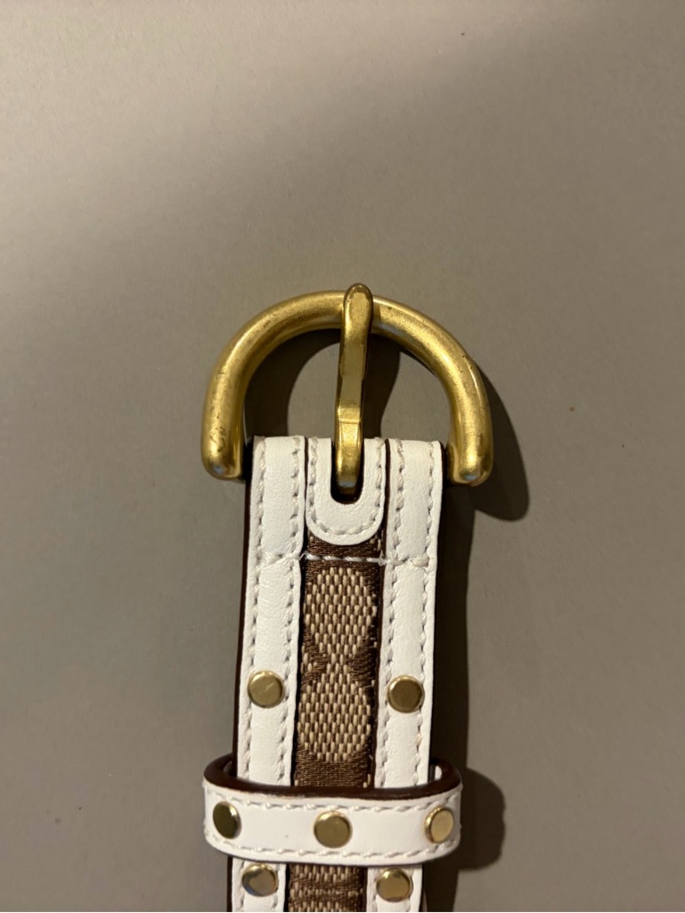 Coach White and Brown Studded Leather Belt with Gold Buckle - Picture 3 of 6